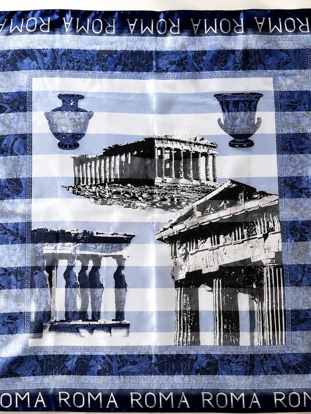 Roma Italy Print Satin Scarf Blue Gray Square Neck Hair Bag Wrap